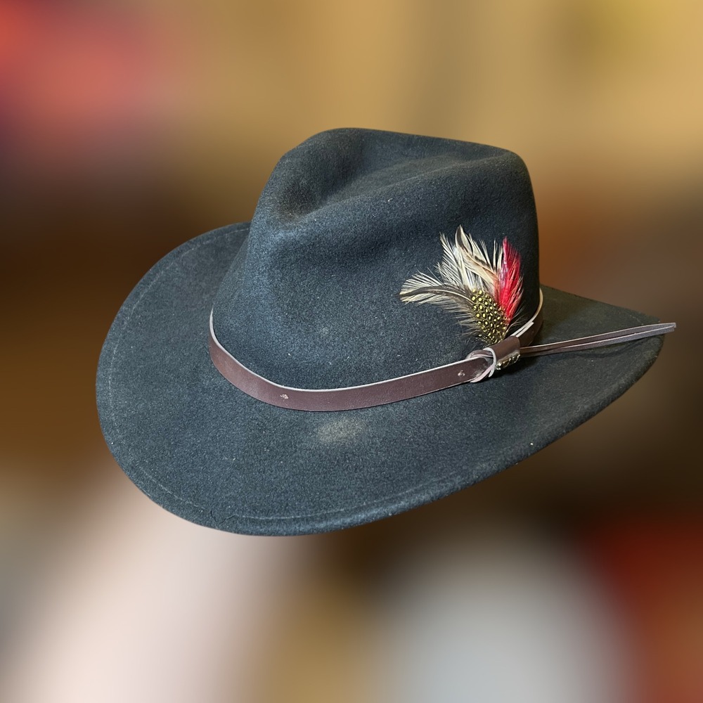 VTG Scala XL Outback Hat Black 100%‎ Wool Felt Feather Leather Dorfman Pacific